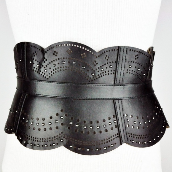 Black Faux Leather Triple Buckle Wide Belt Medium - Picture 2 of 3